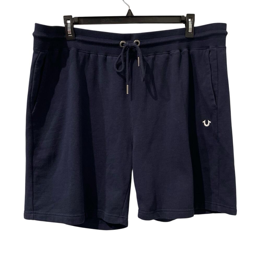 True Religion Sweat Shorts Mens Sz 3X Navy Elastic Waist Pockets Logo